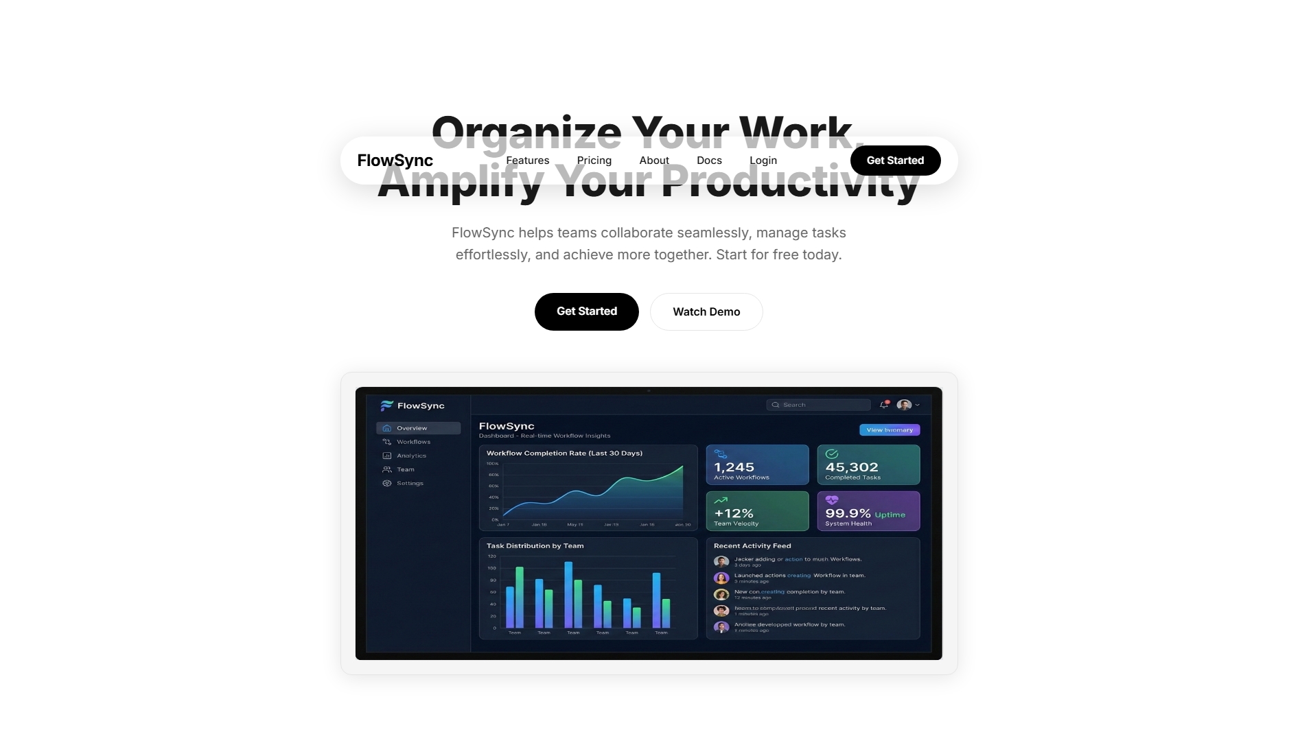 Screenshot of the FlowSync collaborative workspace dashboard